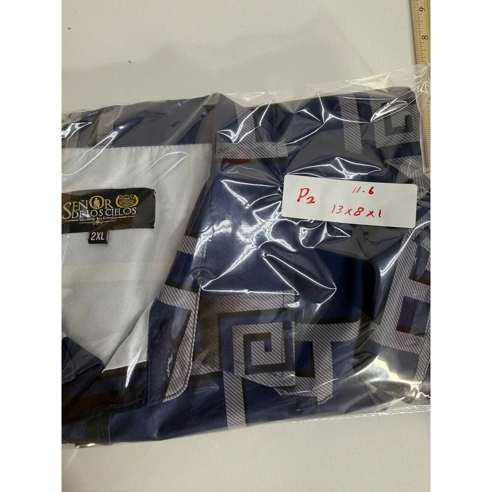 Senor De Los Cielos Mens 2XL Blue Geometric Greek Key Western Button Down Shirt